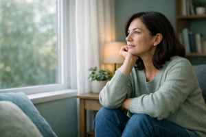 Persona contemplativa con luz suave, representando señales de depresión y búsqueda de apoyo psicológico