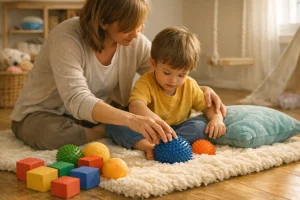 Terapeuta ocupacional acompañando a un niño en una actividad de integración sensorial con materiales sensoriales en una sala tranquila