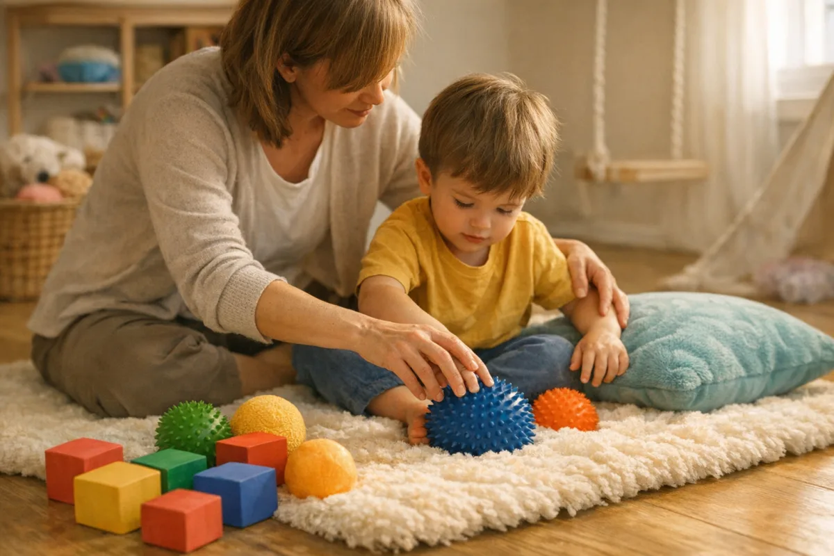Terapeuta ocupacional acompañando a un niño en una actividad de integración sensorial con materiales sensoriales en una sala tranquila
