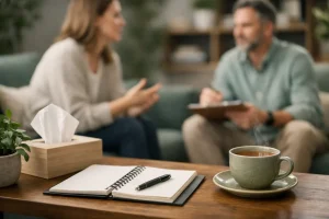 Espacio de terapia acogedor para trabajar el manejo de emociones con apoyo psicológico