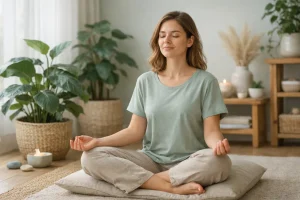 Persona practicando respiración consciente en un espacio tranquilo para regular sus emociones