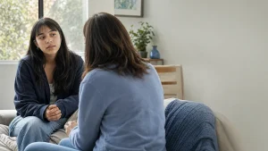 Adolescente conversando con una persona adulta en un espacio de apoyo y escucha