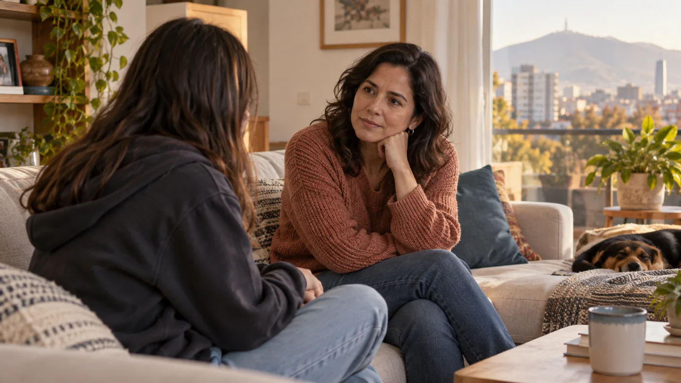 Persona adulta conversa con una adolescente sobre buscar apoyo psicológico
