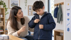 Niño practica cerrar su chaqueta con acompañamiento respetuoso