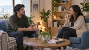 Conversación de psicoterapia humanista en un espacio tranquilo