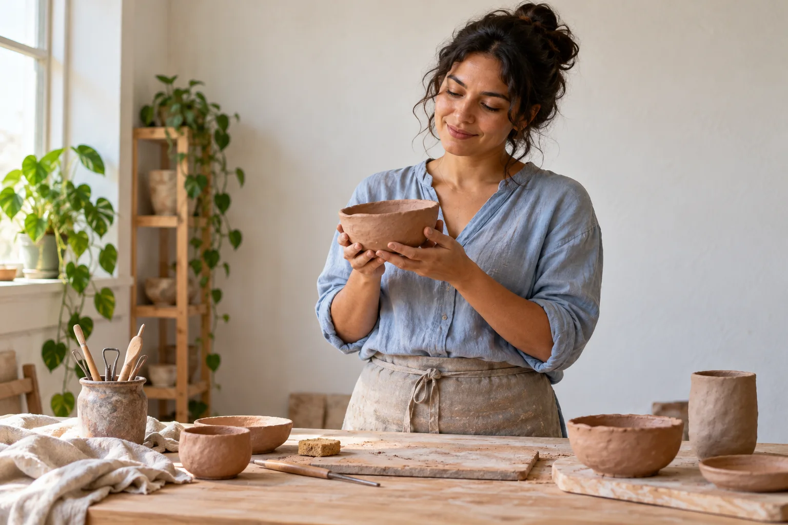 Escena ilustrativa de una mujer observando una pieza de cerámica hecha a mano