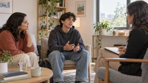 Adolescente participando en una primera conversación con una psicóloga y una persona cuidadora