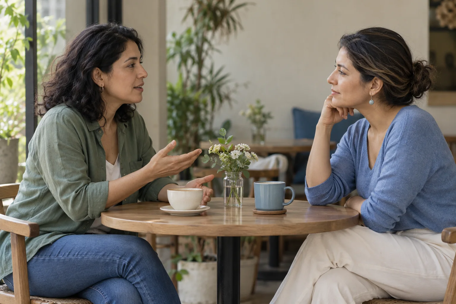 Escena ilustrativa de dos mujeres adultas conversando y escuchándose con respeto