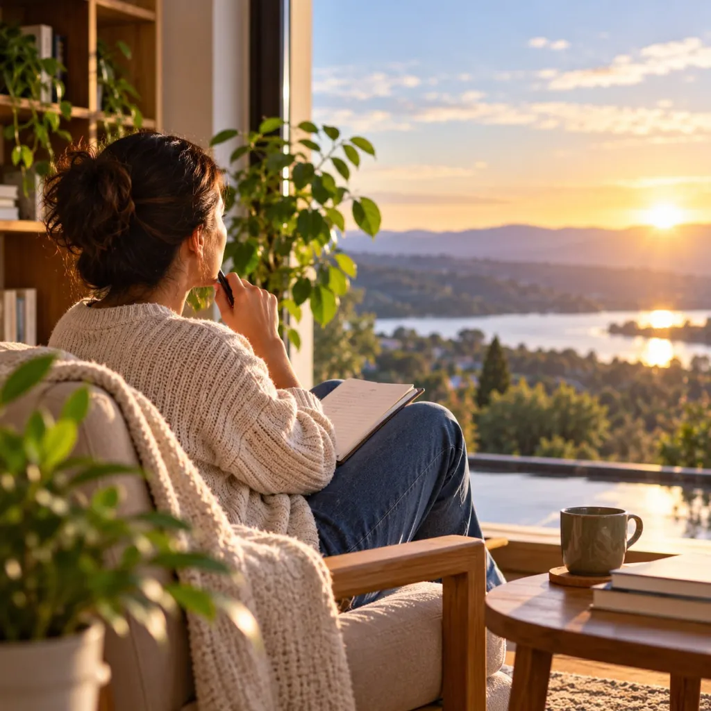 Persona reflexionando con un cuaderno junto a una ventana al atardecer.