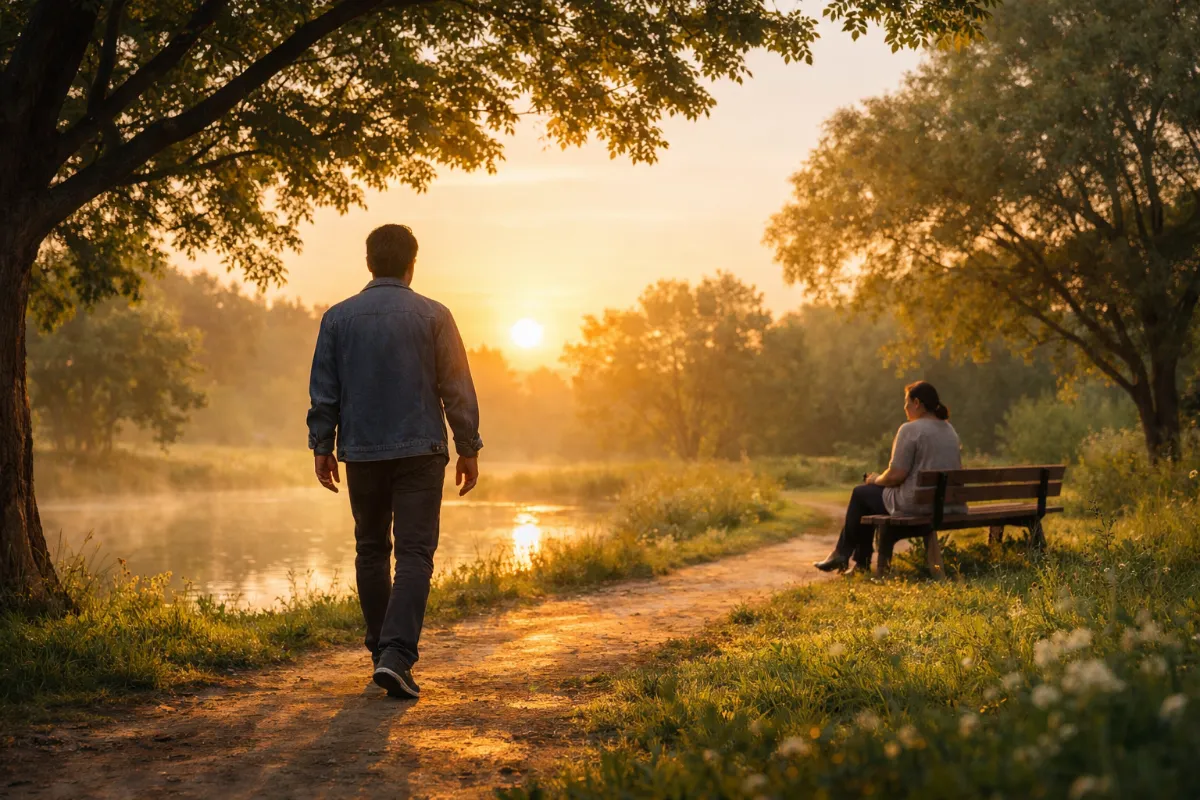 Persona caminando en la naturaleza al amanecer, símbolo de resiliencia emocional después de una crisis